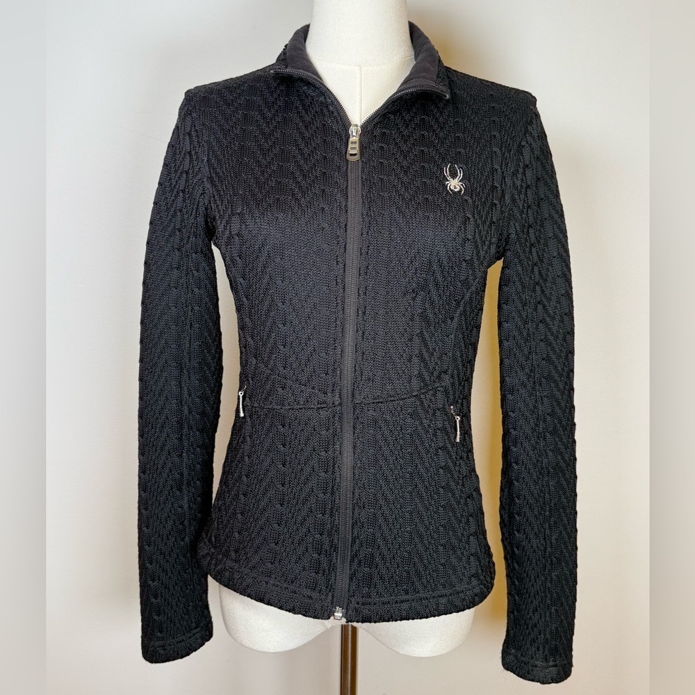 Spyder Black Cable Knit Full Zip Fleece Lined Sweater Jacket Women’s Size XS